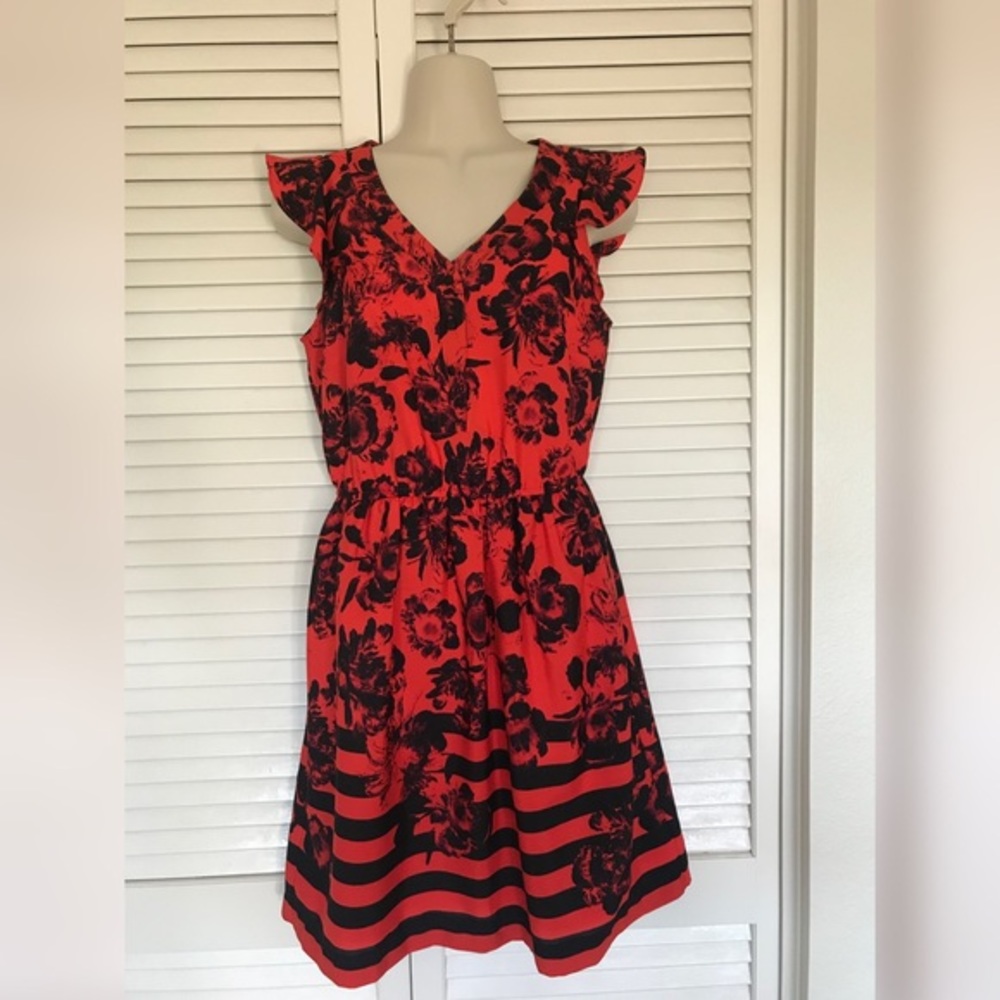 Kensie Women’s Floral Ruffle Sleeve Dress, Red, size XS